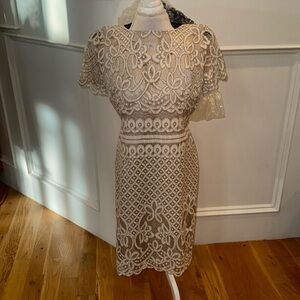 Absolutely gorgeous tan and white dress with lots of detail